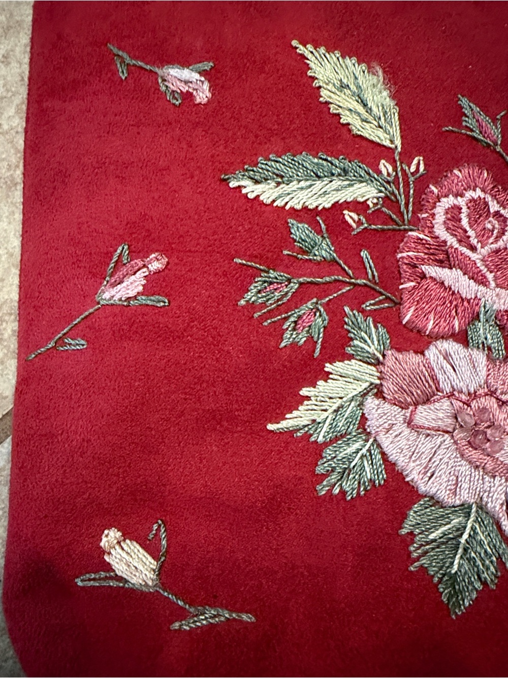 Red Embroidered Floral Tote Bag with Brown Straps - Picture 3 of 9
